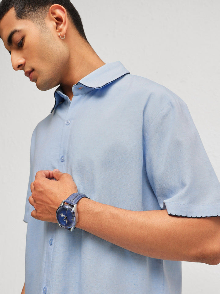 Men Blue Linen Thread Detail Relax Fit Short Sleeve Shirt