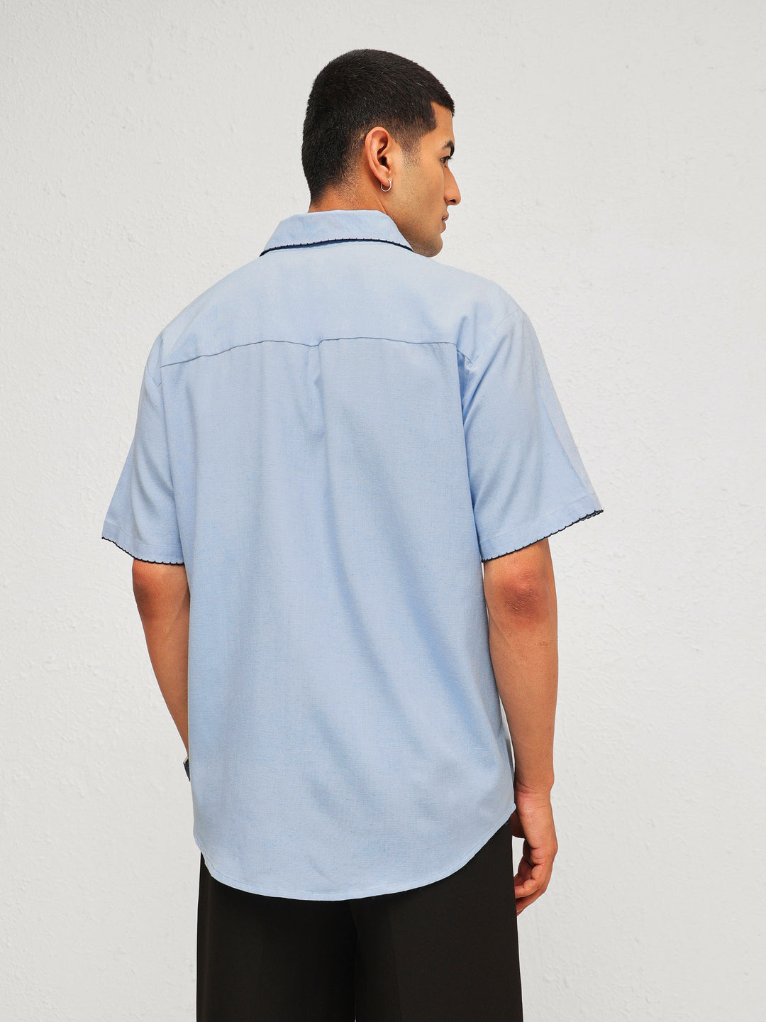 Men Blue Linen Thread Detail Relax Fit Short Sleeve Shirt