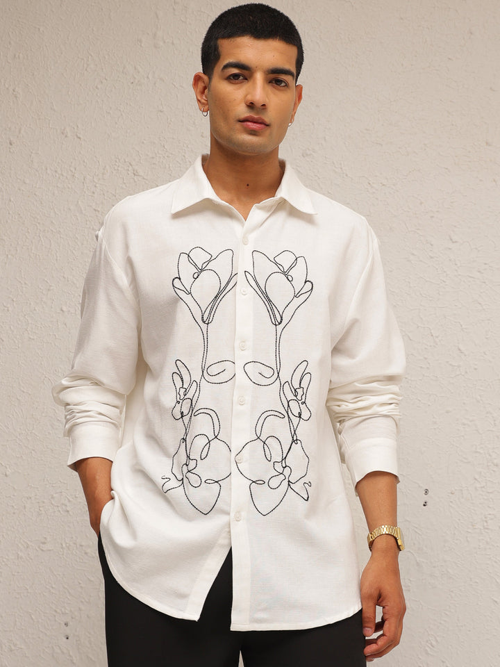 Men White Linen Flower Embroidery Relax Fit Full Sleeve Shirt