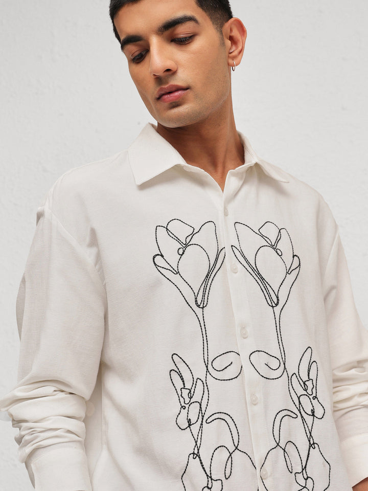 Men White Linen Flower Embroidery Relax Fit Full Sleeve Shirt