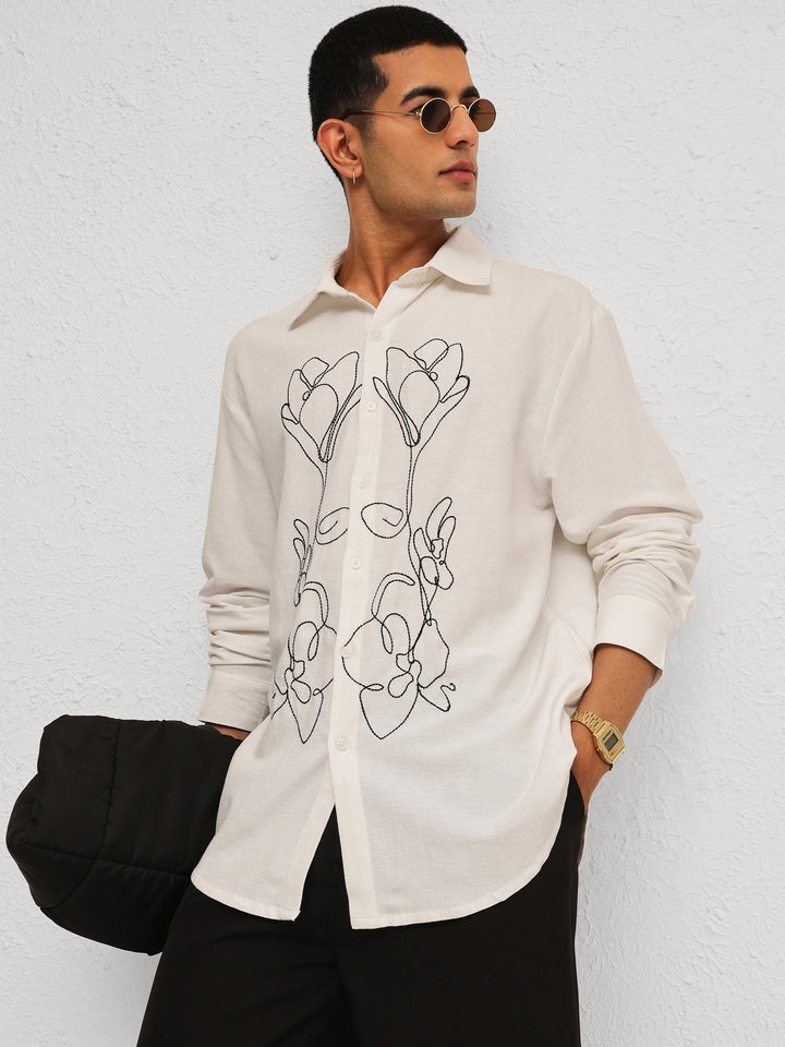 Men White Linen Flower Embroidery Relax Fit Full Sleeve Shirt
