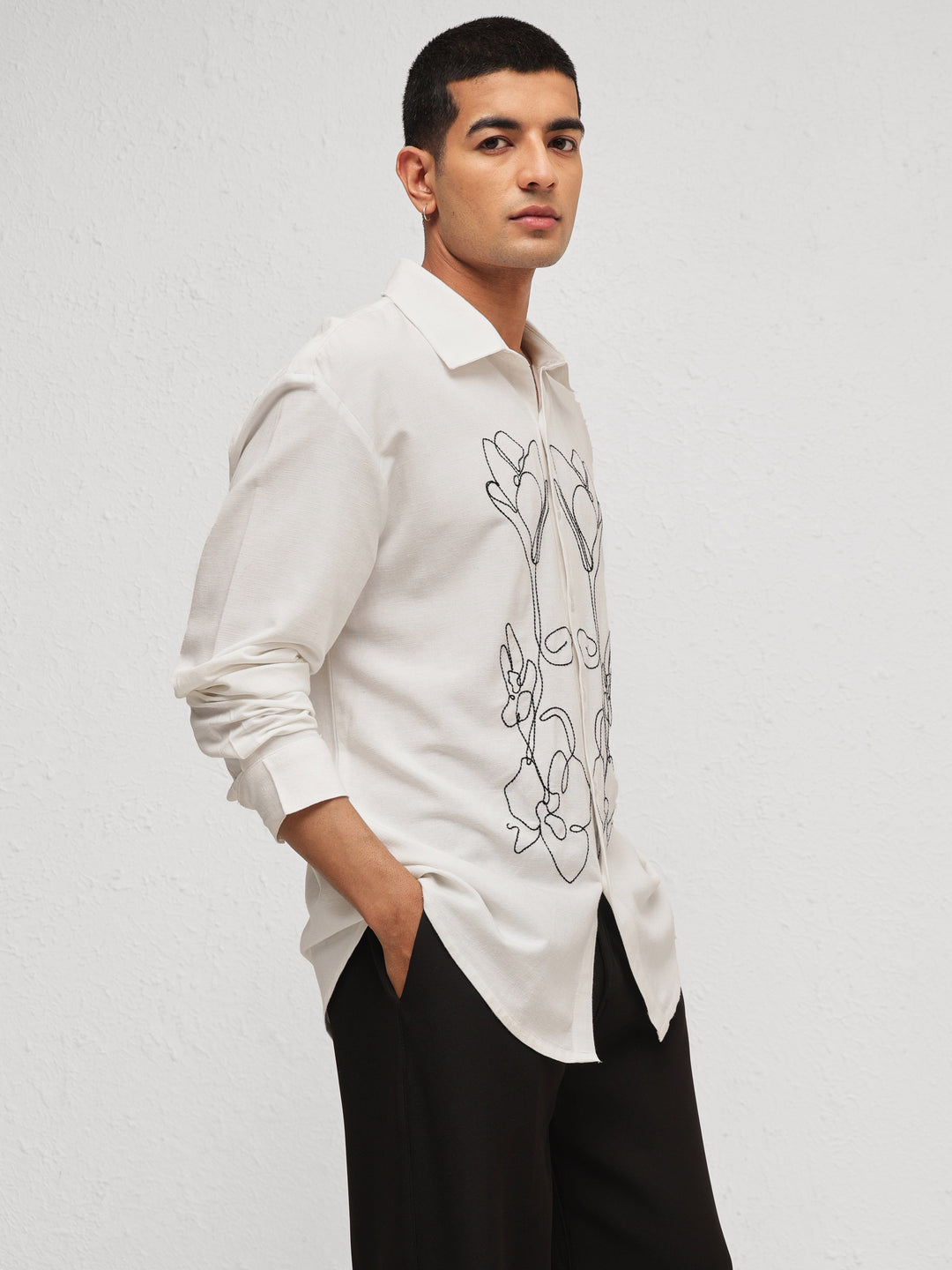 Men White Linen Flower Embroidery Relax Fit Full Sleeve Shirt