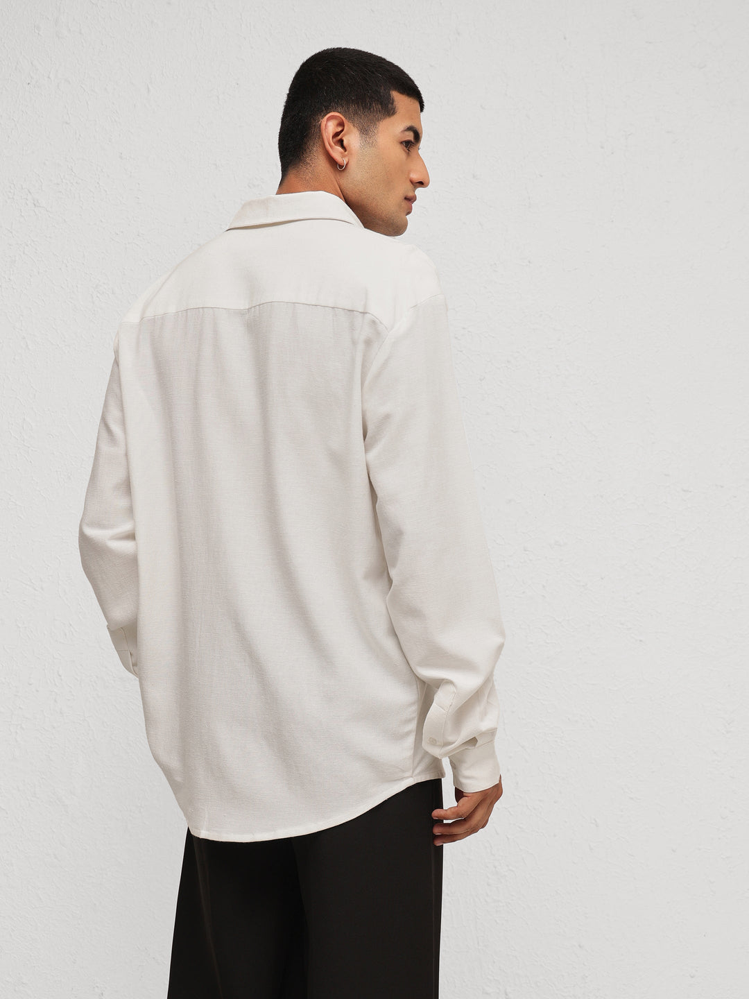 Men White Linen Flower Embroidery Relax Fit Full Sleeve Shirt