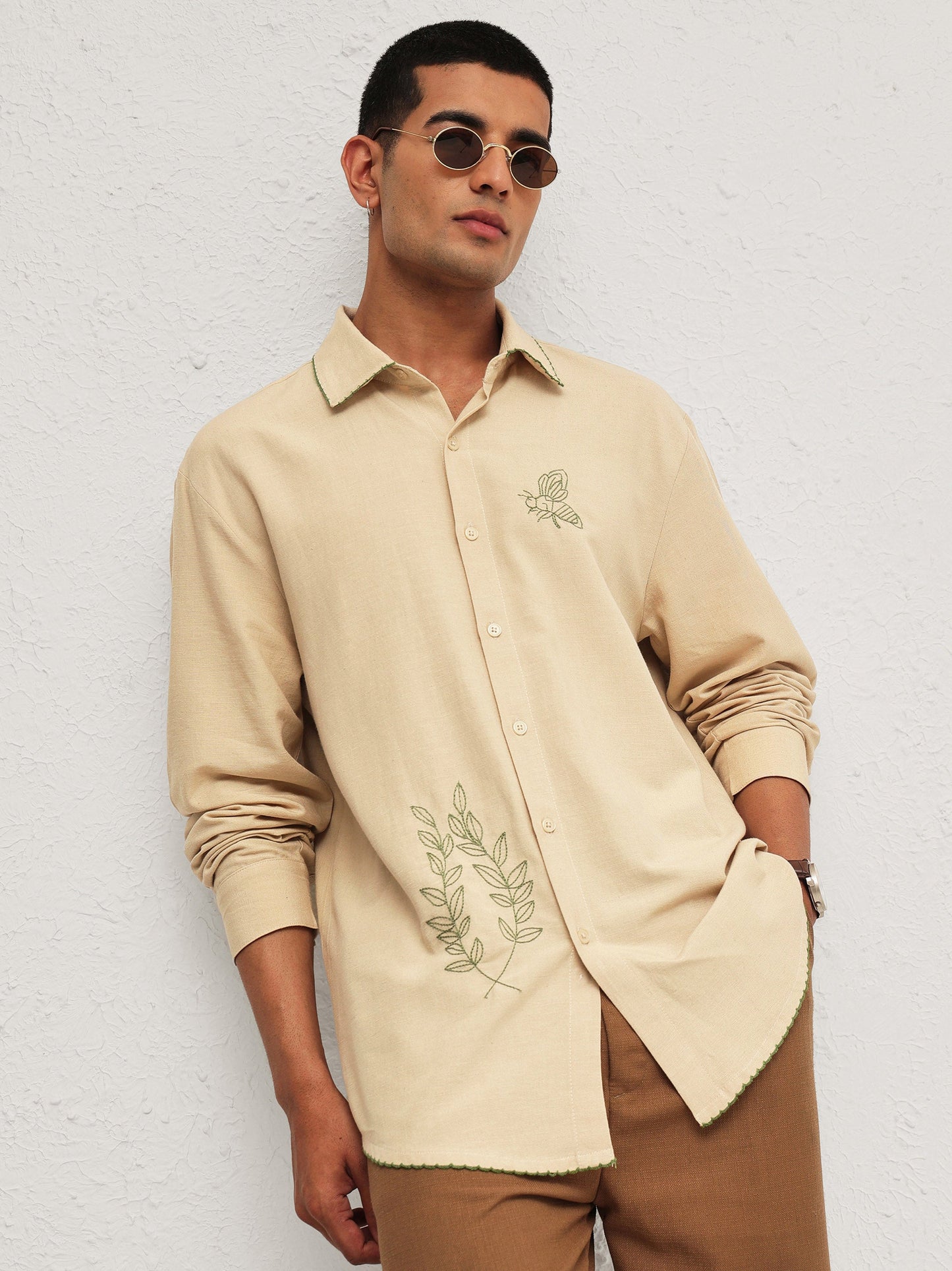 Men Beige Linen BUG Embroidery Relax Fit Full Sleeve Shirt
