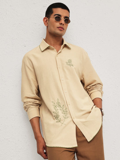 Men Beige Linen BUG Embroidery Relax Fit Full Sleeve Shirt