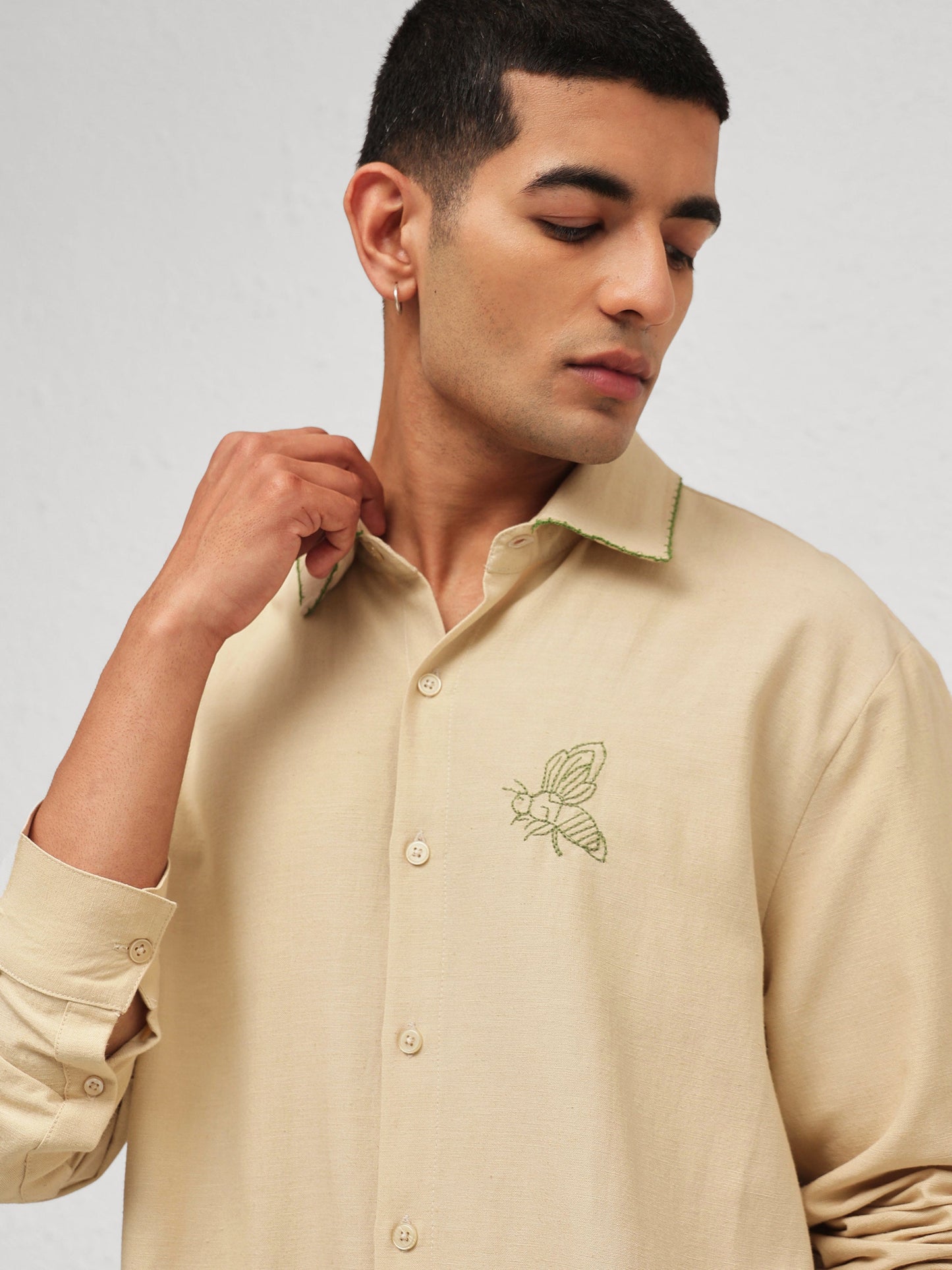 Men Beige Linen BUG Embroidery Relax Fit Full Sleeve Shirt