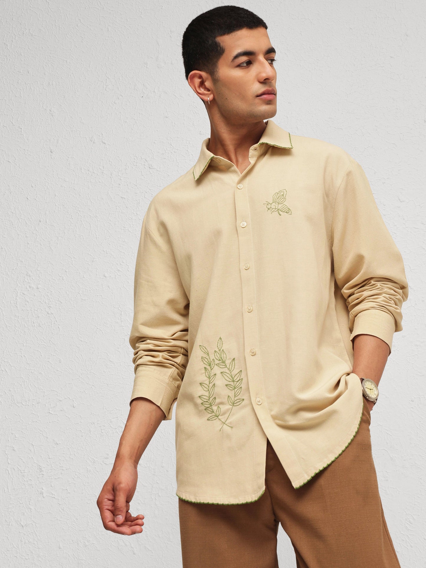 Men Beige Linen BUG Embroidery Relax Fit Full Sleeve Shirt