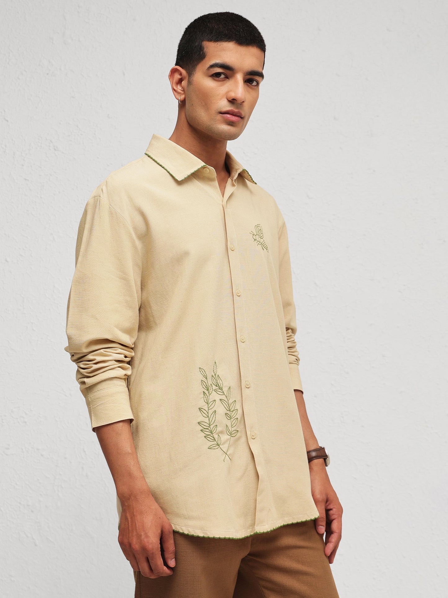 Men Beige Linen BUG Embroidery Relax Fit Full Sleeve Shirt