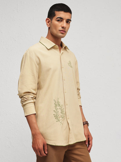 Men Beige Linen BUG Embroidery Relax Fit Full Sleeve Shirt