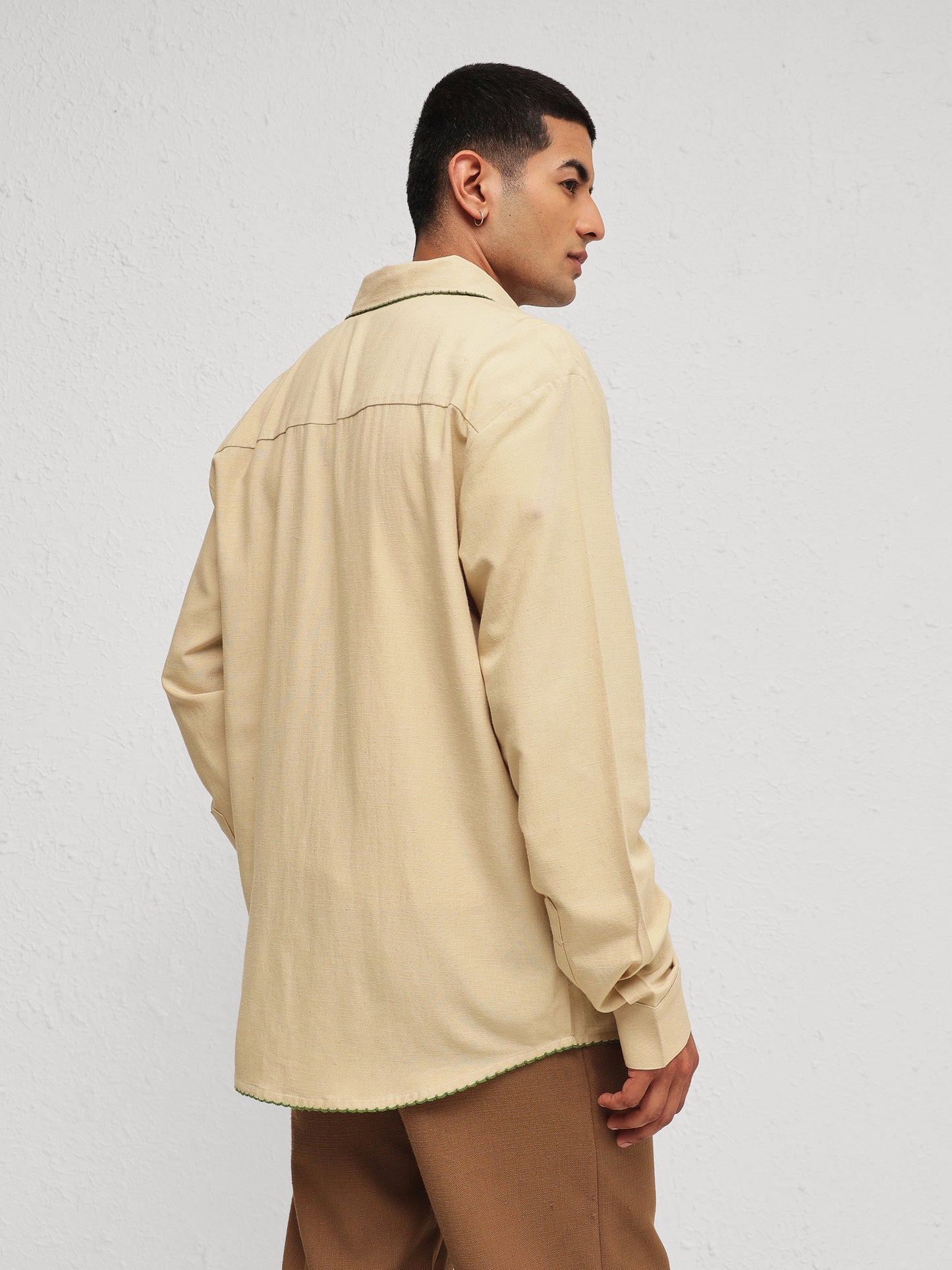 Men Beige Linen BUG Embroidery Relax Fit Full Sleeve Shirt