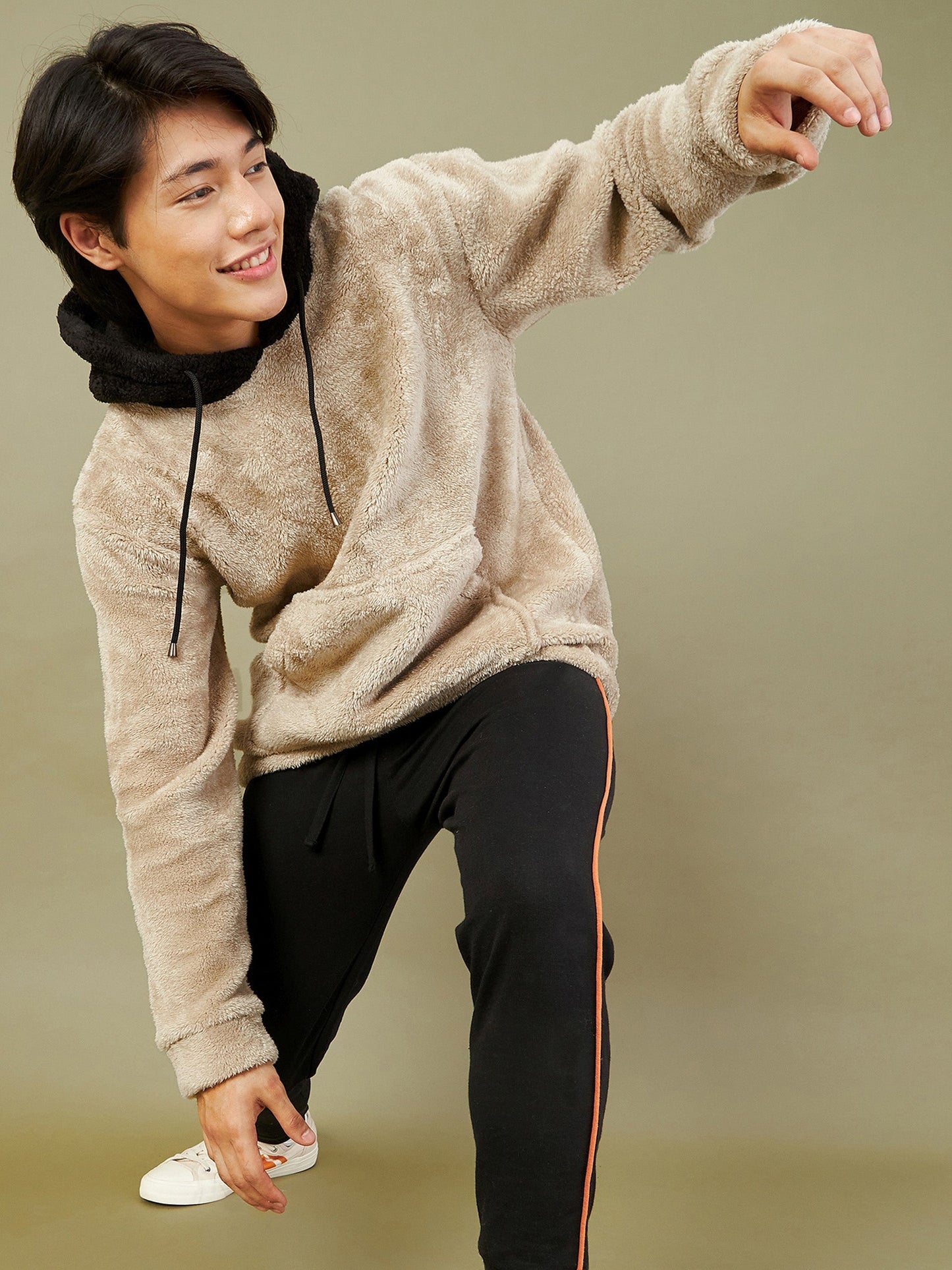 Men Light Grey Fur Colo Block Hoodie