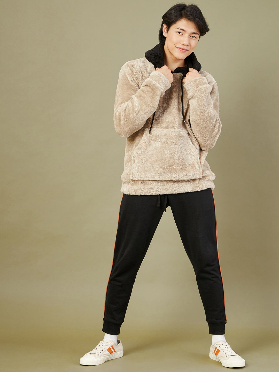 Men Light Grey Fur Colo Block Hoodie