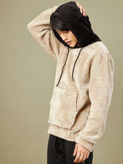 Men Light Grey Fur Colo Block Hoodie