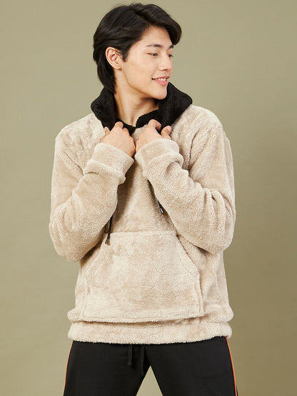 Men Light Grey Fur Colo Block Hoodie