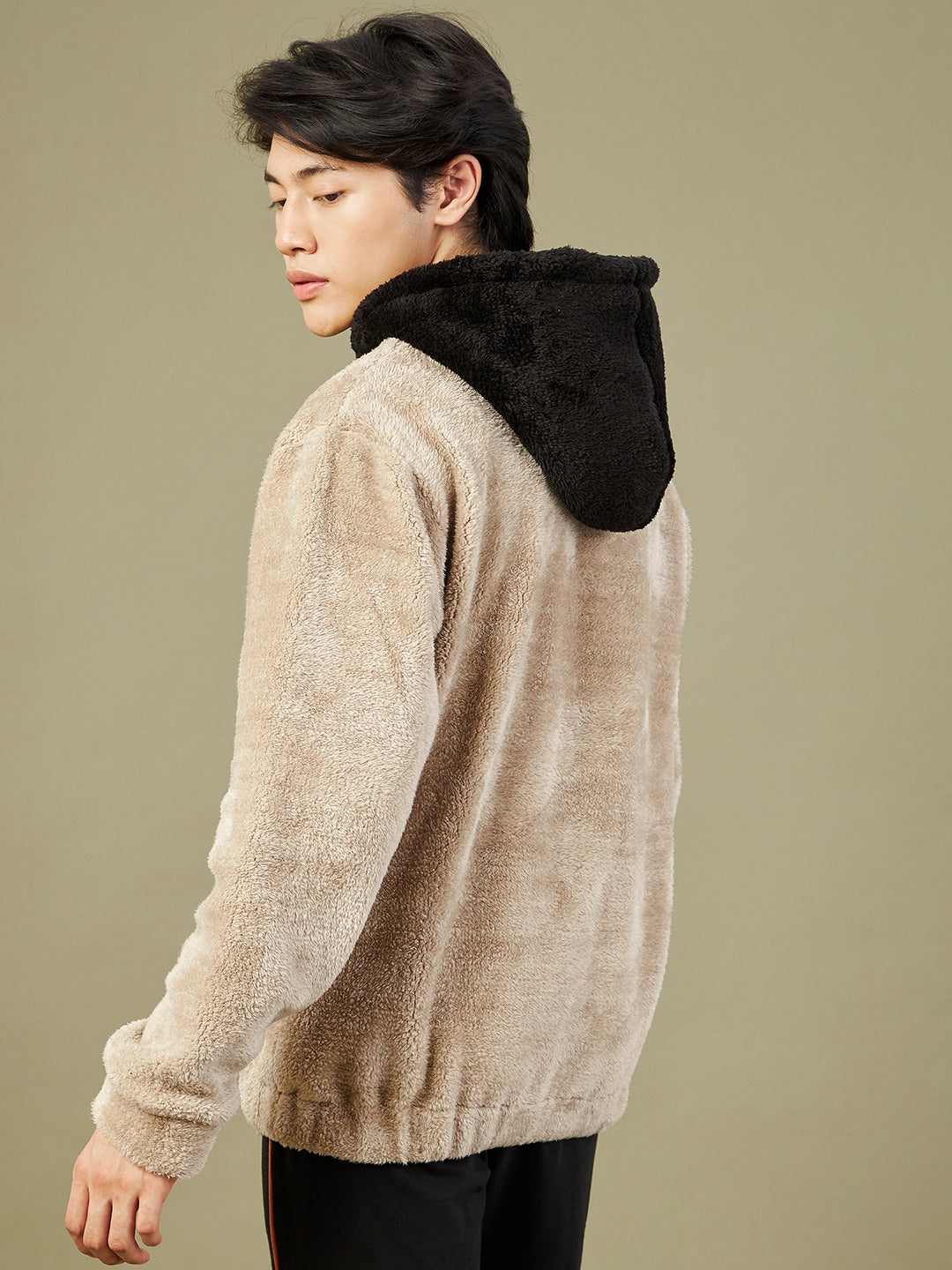 Men Light Grey Fur Colo Block Hoodie
