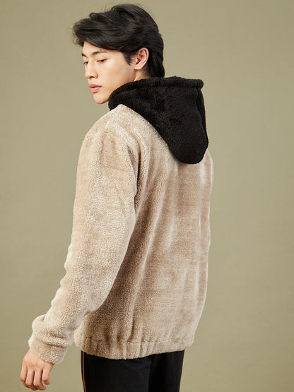 Men Light Grey Fur Colo Block Hoodie