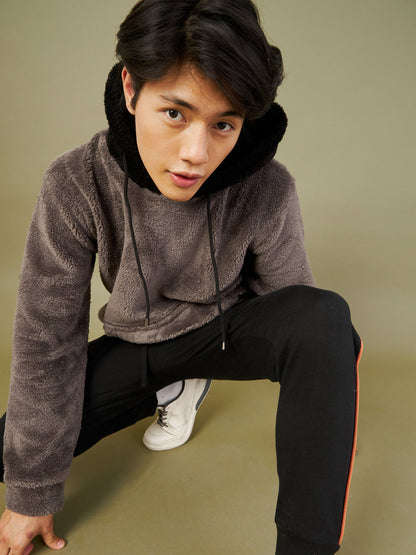 Men Charcoal Grey Fur Colo Block Hoodie