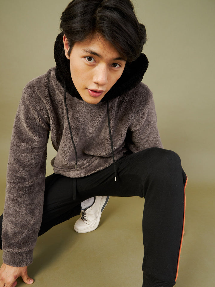 Men Charcoal Grey Fur Colo Block Hoodie