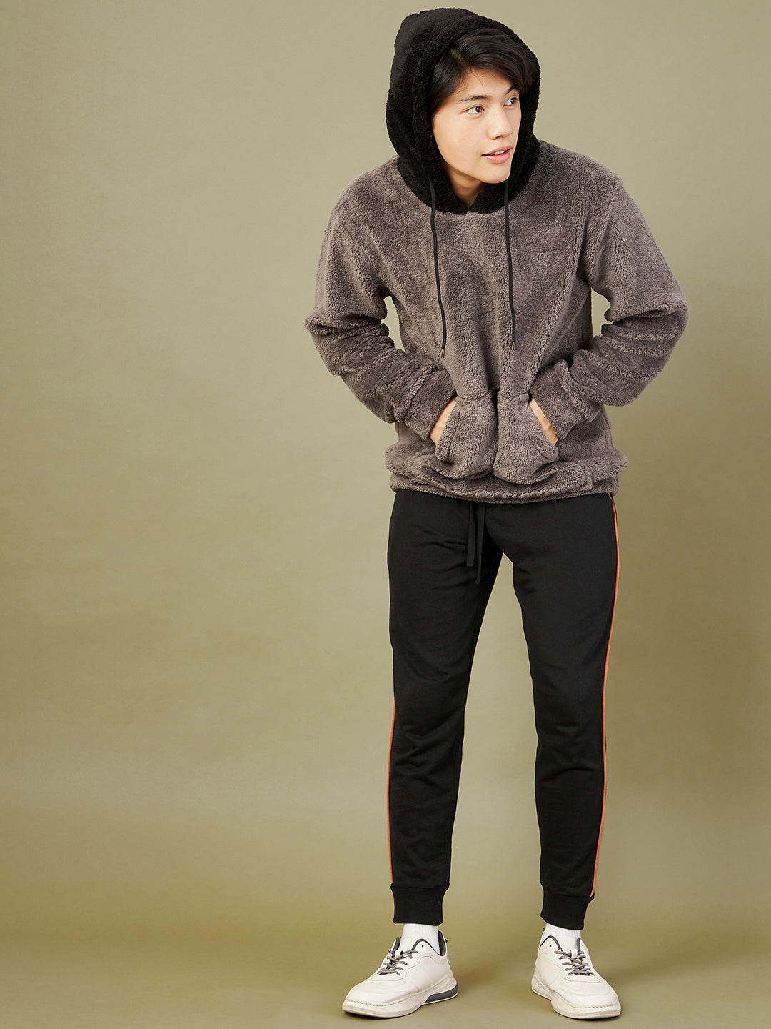 Men Charcoal Grey Fur Colo Block Hoodie