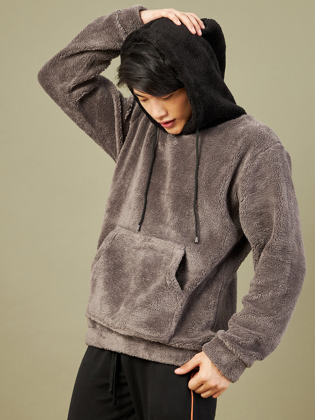 Men Charcoal Grey Fur Colo Block Hoodie