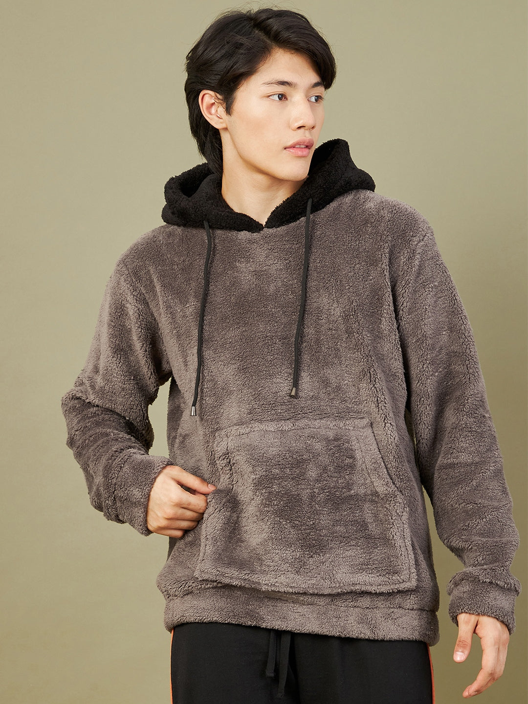 Men Charcoal Grey Fur Colo Block Hoodie