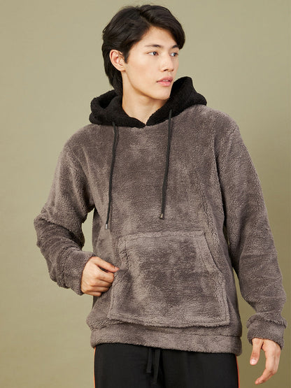 Men Charcoal Grey Fur Colo Block Hoodie