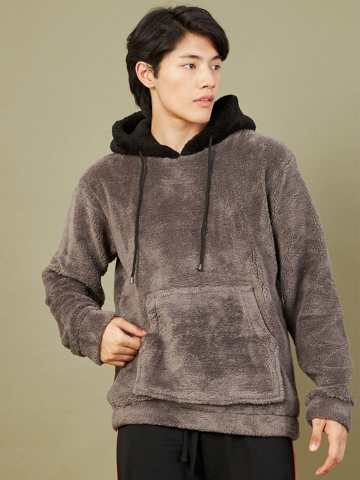 Men Charcoal Grey Fur Colo Block Hoodie