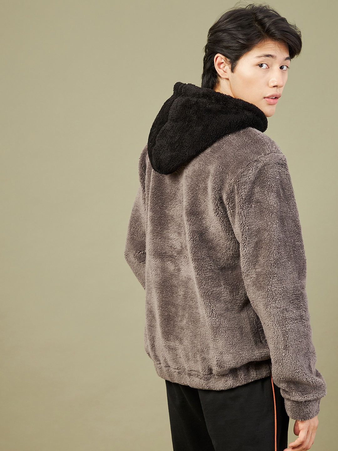 Men Charcoal Grey Fur Colo Block Hoodie