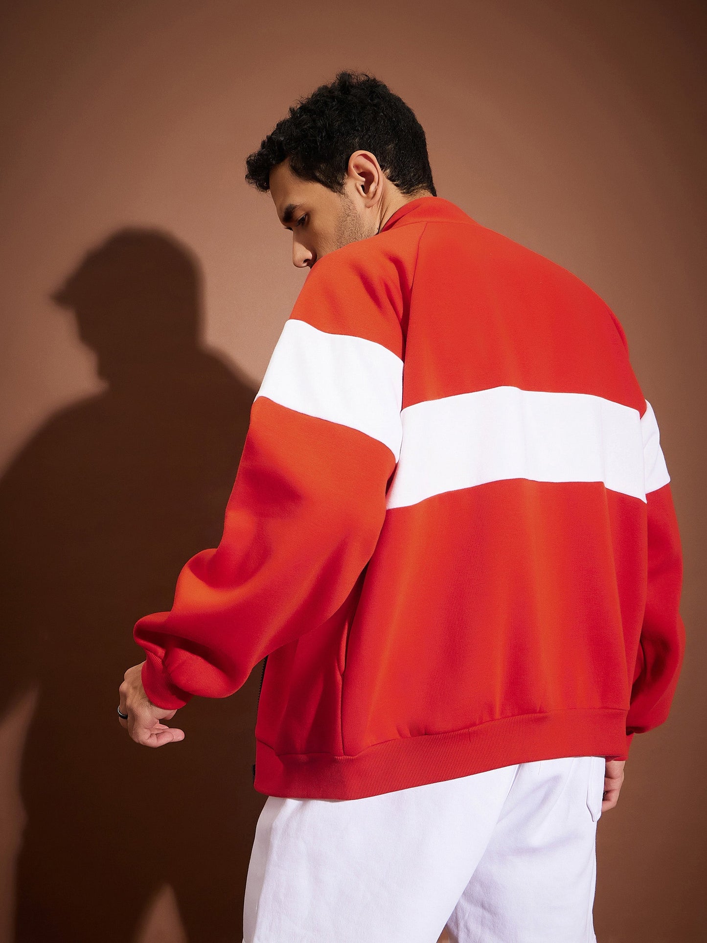 Men Red & White Colorblock Oversized Zipper Sweatshirt