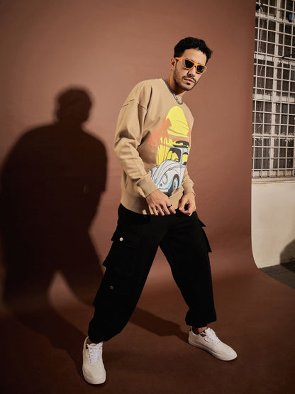 Men Beige CAR Oversized Sweatshirt