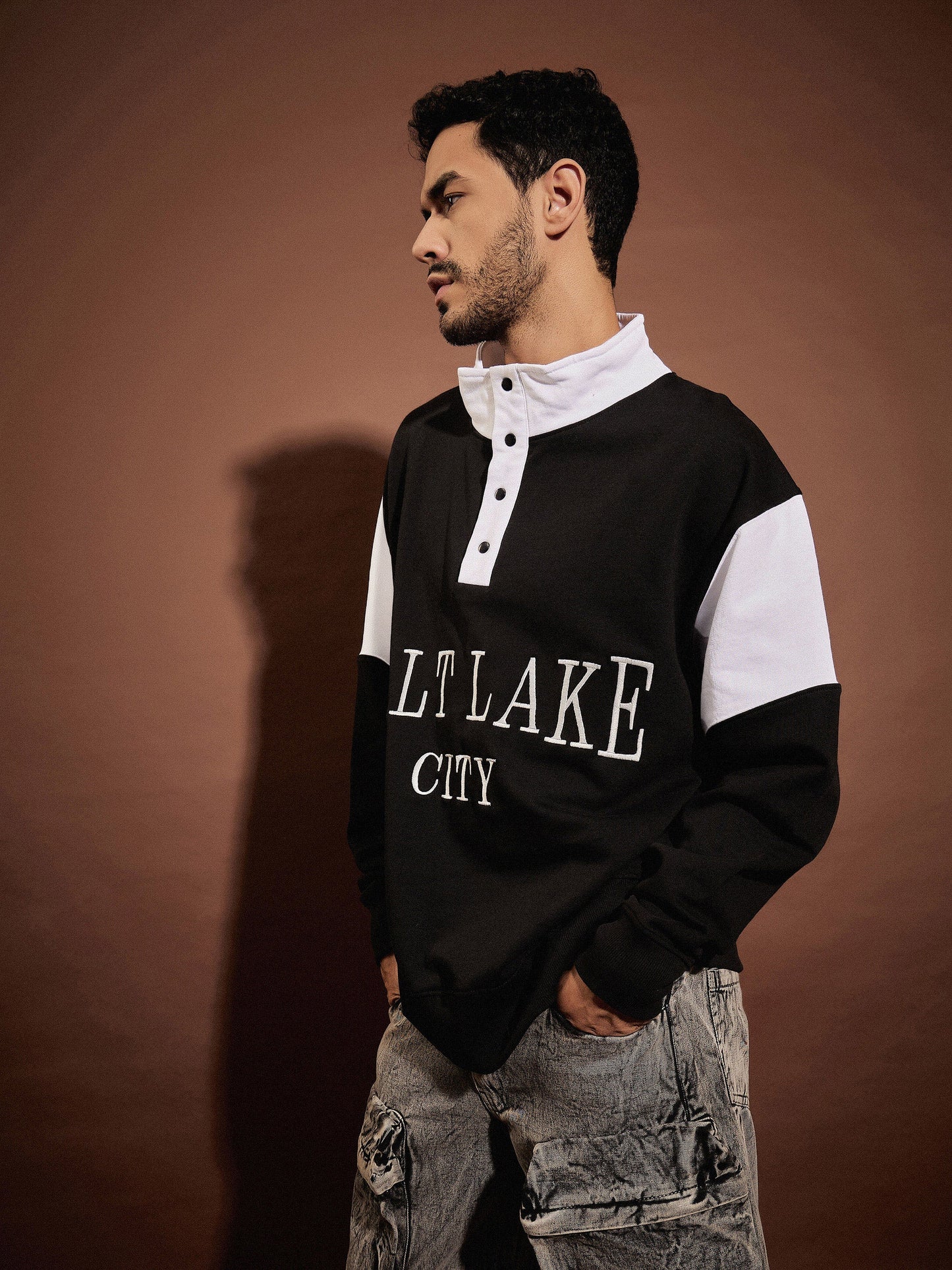 Men White & Black SALT LAKE Front Button Sweatshirt