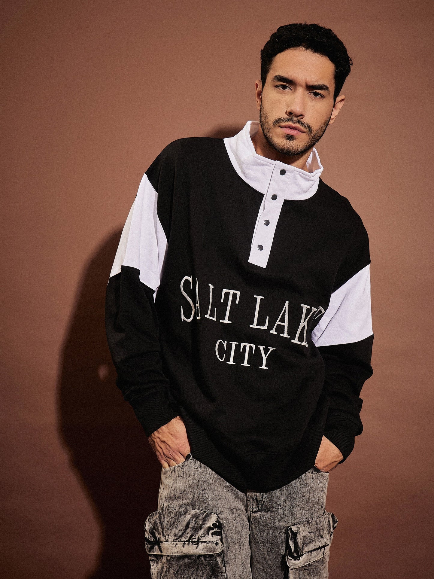 Men White & Black SALT LAKE Front Button Sweatshirt