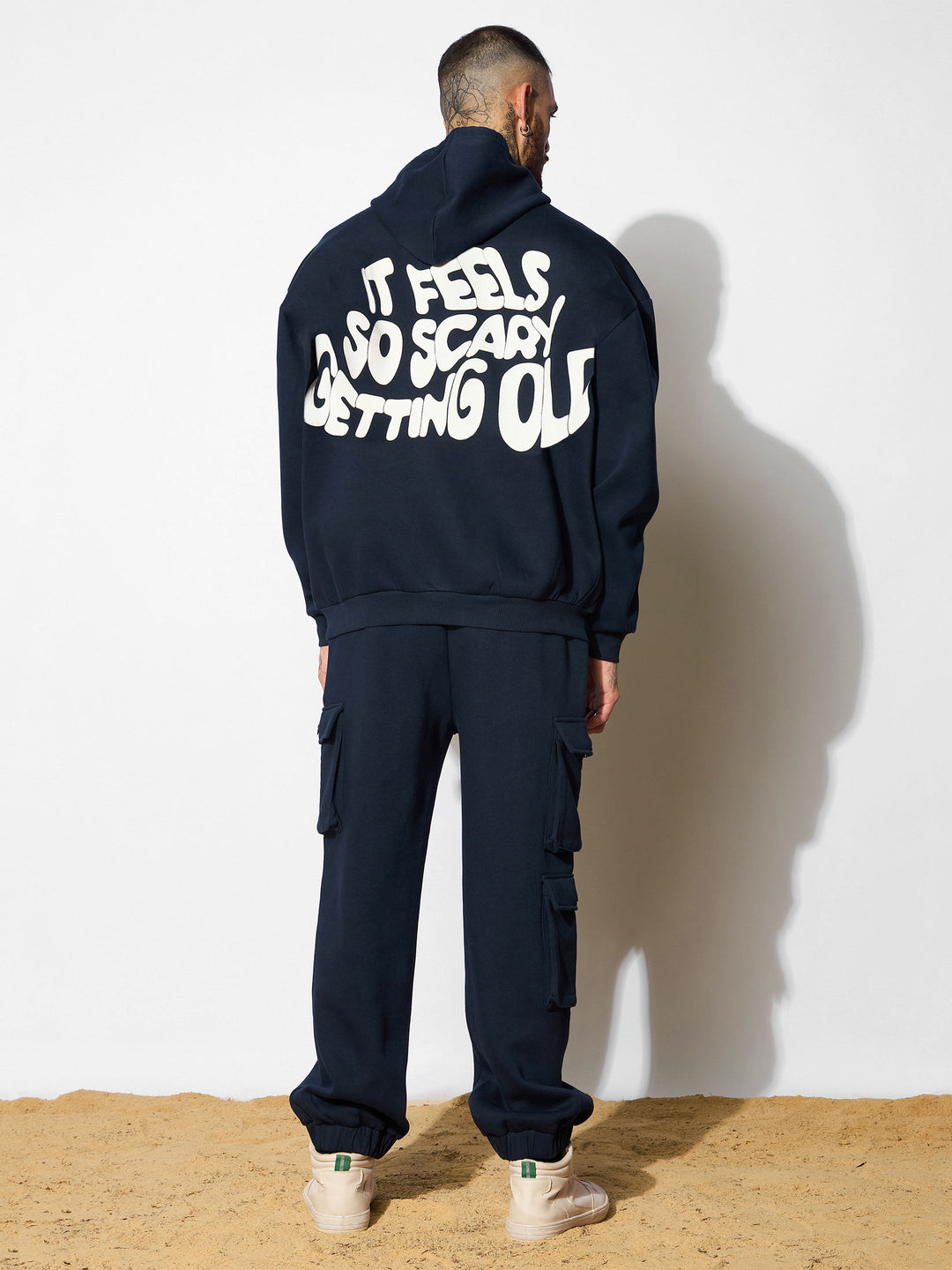 Men Navy Getting Old Oversized Hoodie With Cargo Joggers