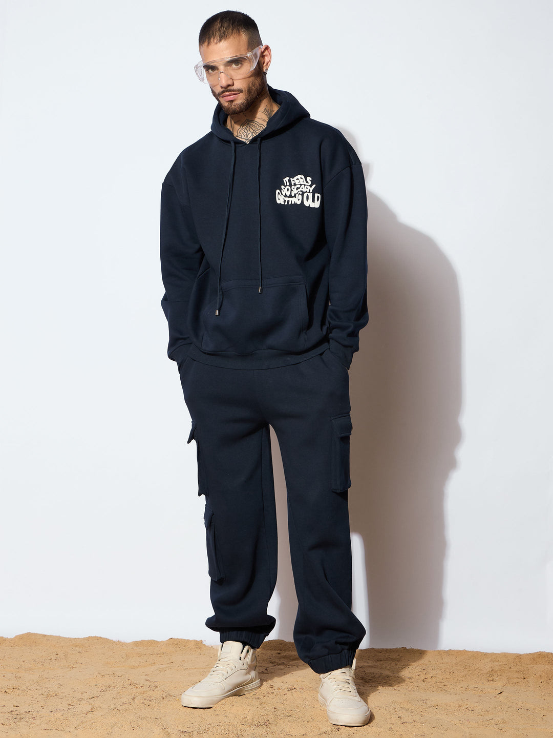 Men Navy Getting Old Oversized Hoodie With Cargo Joggers