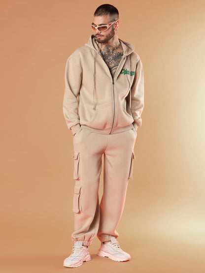 Men Taupe Chicago Oversized Zipper Hoodie With Joggers