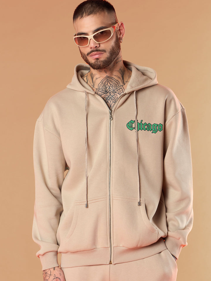 Men Taupe Chicago Oversized Zipper Hoodie With Joggers