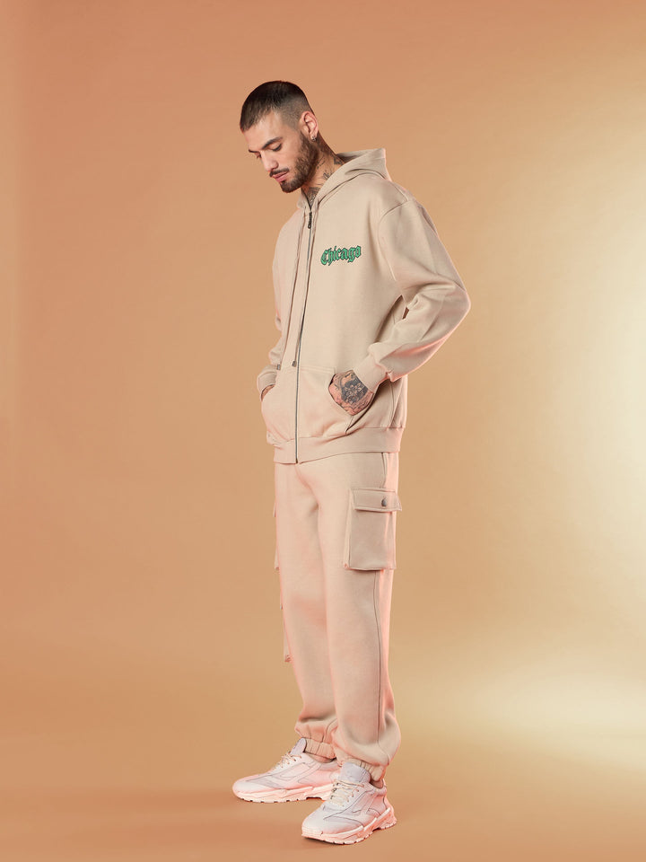 Men Taupe Chicago Oversized Zipper Hoodie With Joggers