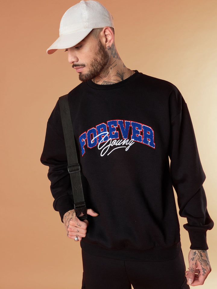 Men Black Forever Young Embroidery Oversize Sweatshirt With Cargo Jogger