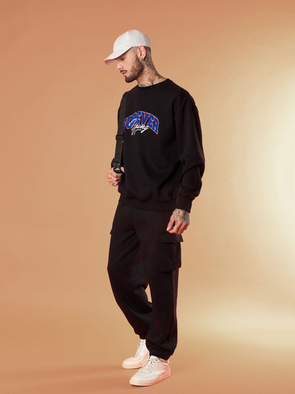 Men Black Forever Young Embroidery Oversize Sweatshirt With Cargo Jogger