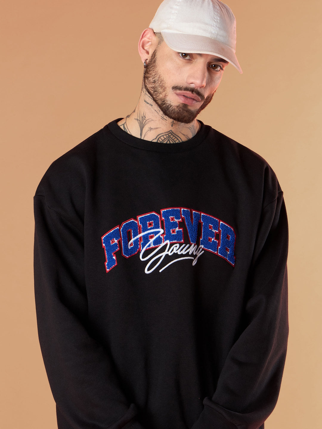 Men Black Forever Young Embroidery Oversize Sweatshirt With Cargo Jogger