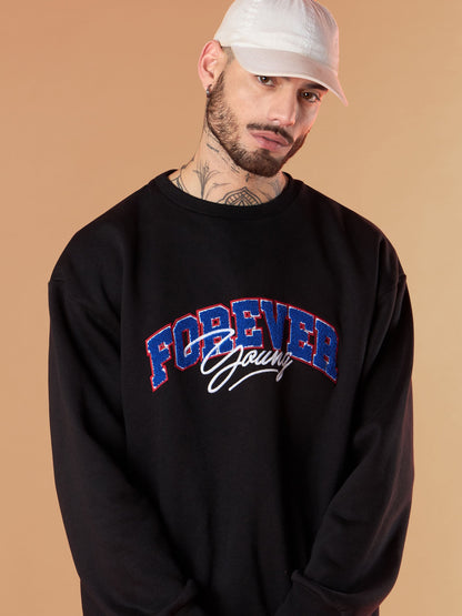 Men Black Forever Young Embroidery Oversize Sweatshirt With Cargo Jogger