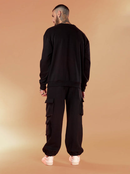Men Black Forever Young Embroidery Oversize Sweatshirt With Cargo Jogger