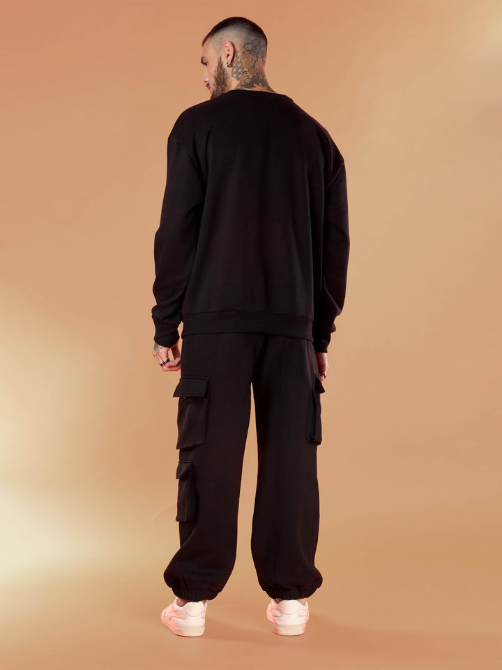 Men Black Forever Young Embroidery Oversize Sweatshirt With Cargo Jogger