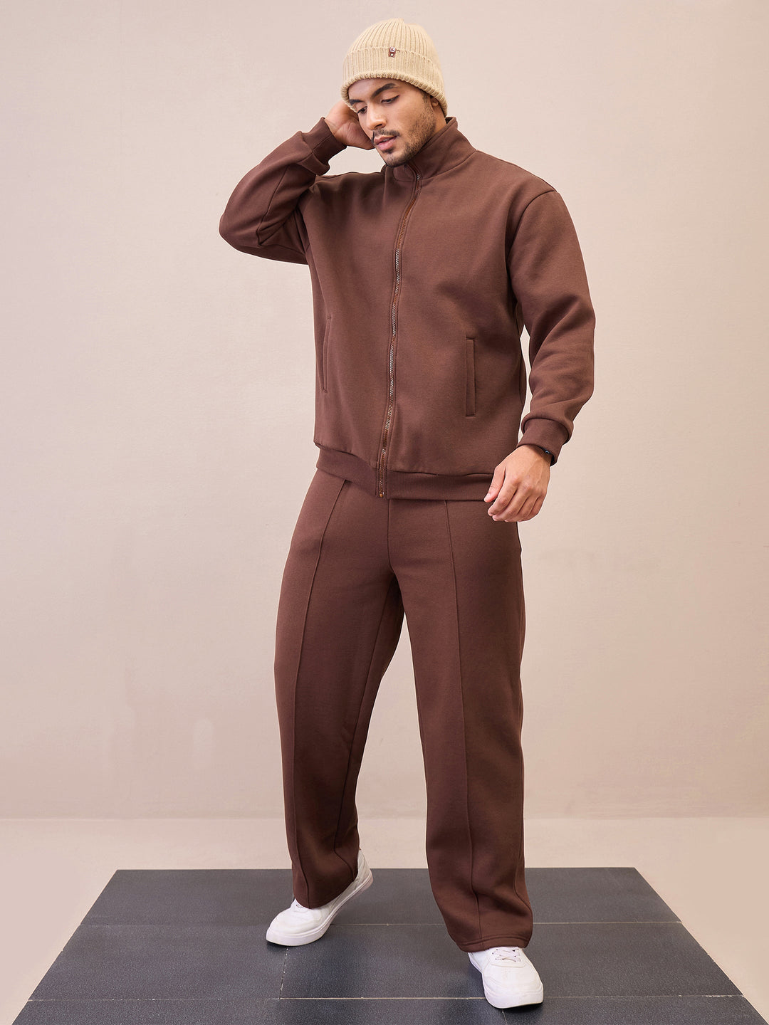Men Dark Brown Front Zipper Oversize Sweatshirt With Sweatpants