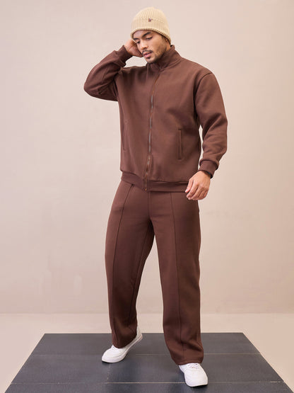 Men Dark Brown Front Zipper Oversize Sweatshirt With Sweatpants