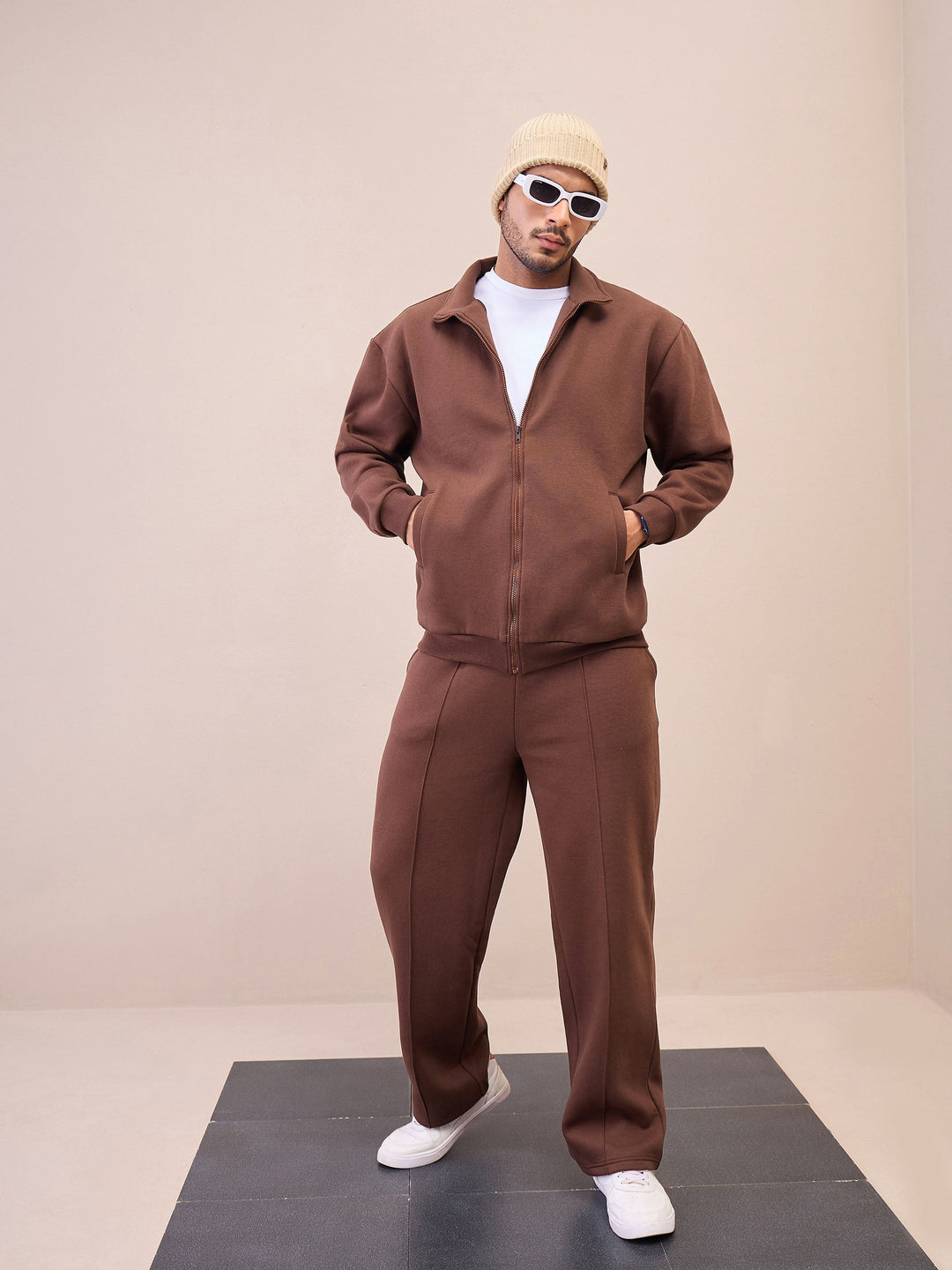 Men Dark Brown Front Zipper Oversize Sweatshirt With Sweatpants