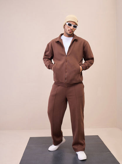 Men Dark Brown Front Zipper Oversize Sweatshirt With Sweatpants