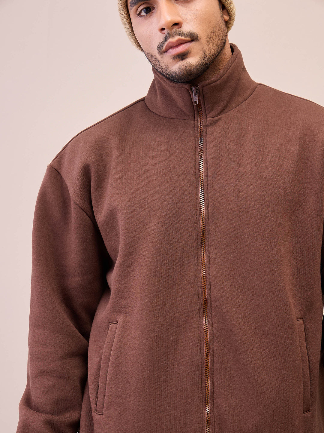 Men Dark Brown Front Zipper Oversize Sweatshirt With Sweatpants