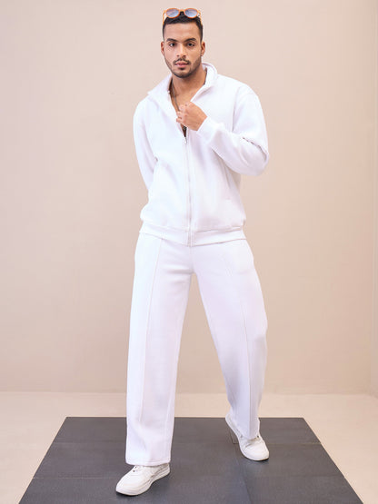 Men White Front Zipper Oversize Sweatshirt With Sweatpants
