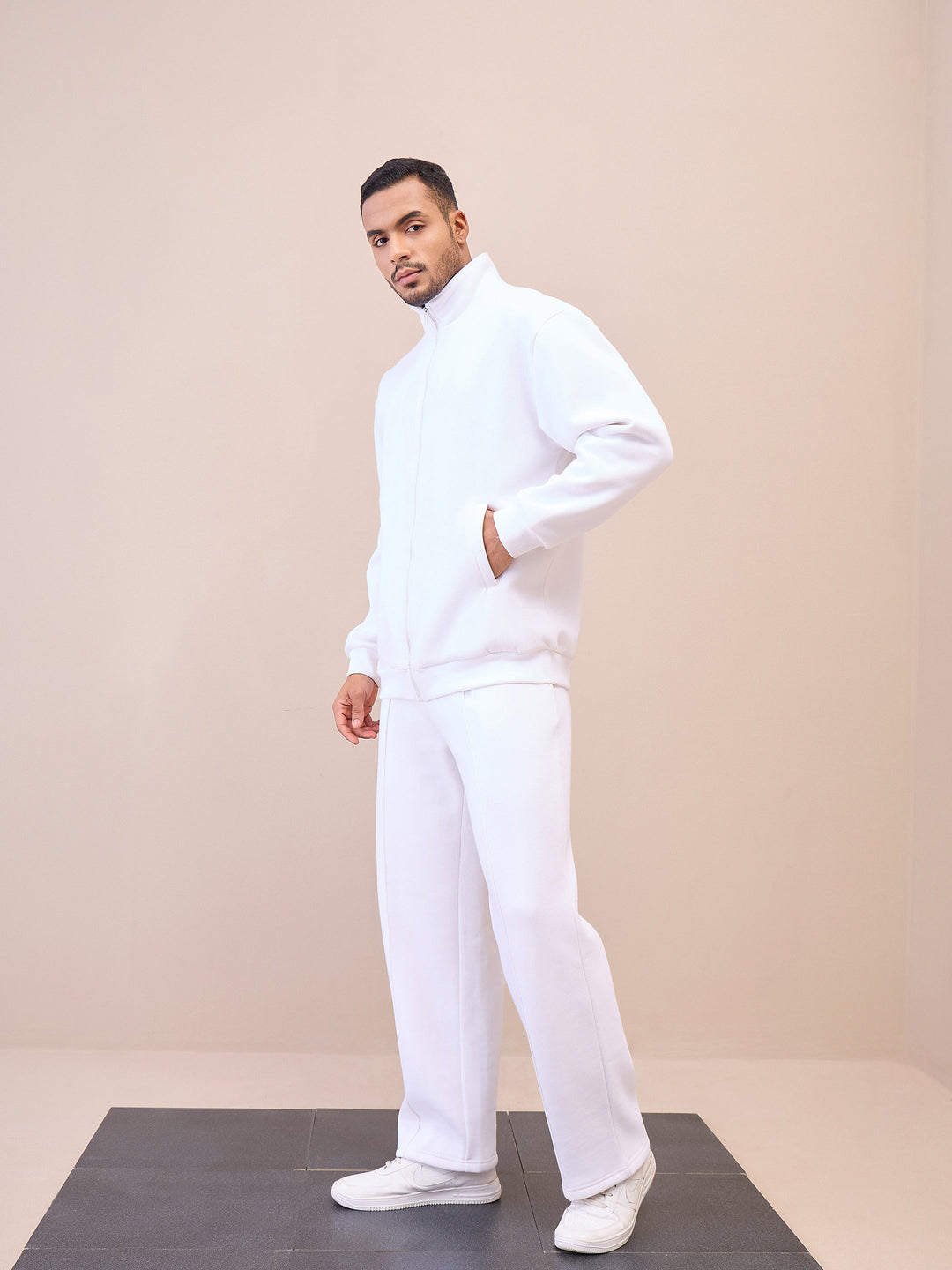 Men White Front Zipper Oversize Sweatshirt With Sweatpants